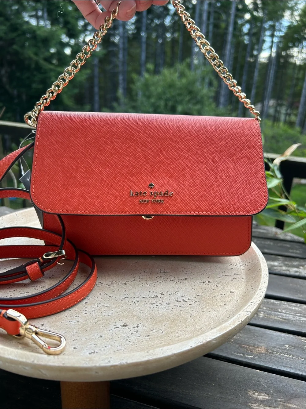 Kate Spade Mini Flip Chain Crossbody NWT Fiery Orange Saffiano PVC Gold Chain